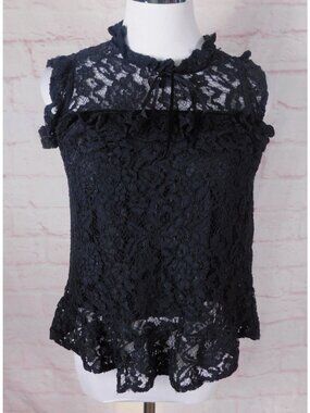 Papaya Black Lace Sleeveless Top With Ruffled Trim & Sheer Overlay Womens Size S